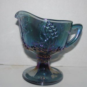 Vtg, Indiana Blue Carnival Glass Pedestal Creamer Harvest Grapes Iradescent Patt